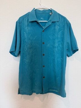 Tommy Bahama 100% Silk Teal Floral-Textured Camp Shirt - Man’s